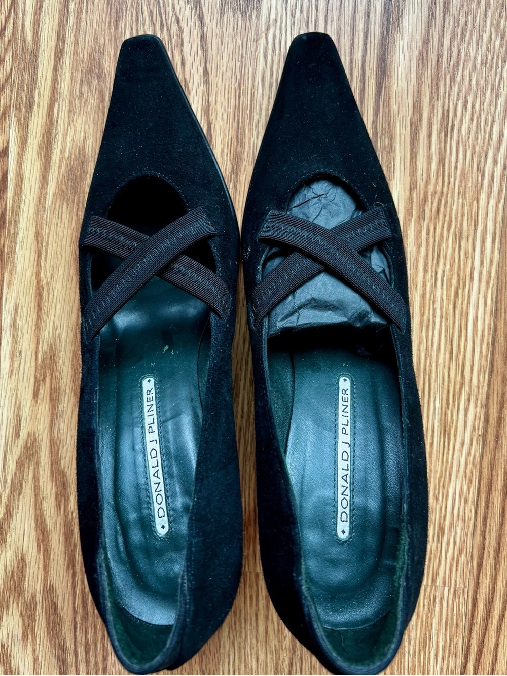Donald J. Pliner Black Suede Pointed Heels with Crisscross Straps